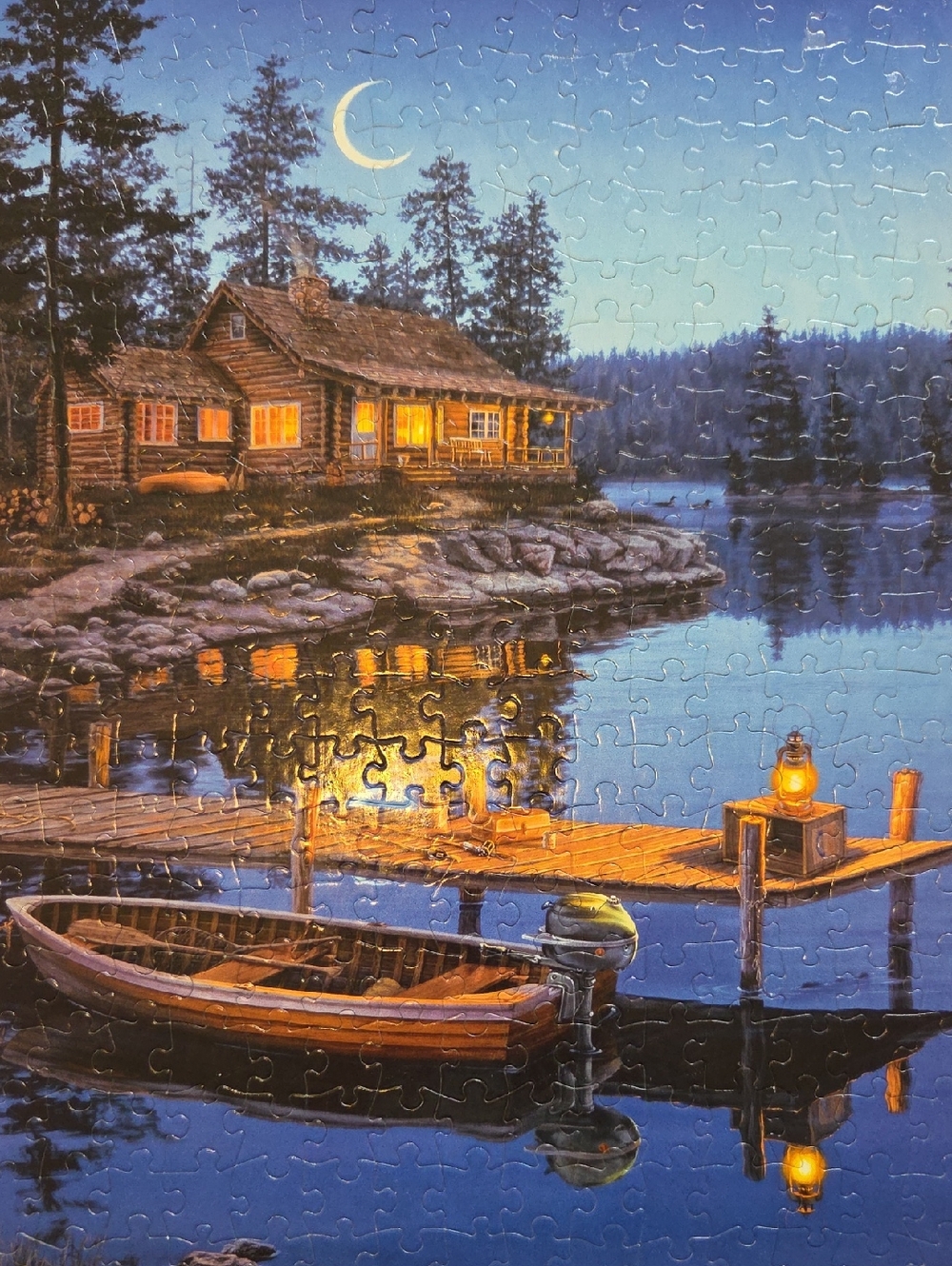 Scenic Lake Cabin Puzzle Art - Moonlit Blue and Warm Amber